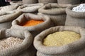 Beans, rice, lentils, oats, wheat, and barley in jute sack