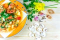 tasty lunch  . Bean soup sausage, mushrooms, cucumber Royalty Free Stock Photo