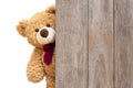 Teddy bear sneaked behind the old wooden door isolated on white