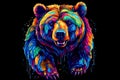 Bear. Abstract neon portrait of a bear's head in pop art style on a black background. Generative AI illustration