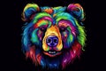 Bear. Abstract neon portrait of a bear's head in pop art style on a black background. Generative AI illustration