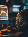 Bear analyzing stock trends on computer, dim light, side angle, market strategist , Prime Lenses