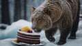 Snow Leopard Sniffing Delicious Chocolate Cake in Winter Wonderland Royalty Free Stock Photo