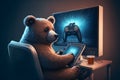 Bear as video game live stream gamer use PC computer for entertainment. Neural network generated art