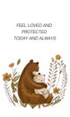 A bear and a baby hug are on a page that says feel loved