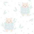 Bear baby winter seamless pattern. Cute animal in warm sweater Christmas background Royalty Free Stock Photo