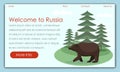 Bear on Background Spruce in Wood. Welcome Russia.