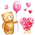 Bear with balloon, butterfly and valentine day letter, watercolor illustration isolated background. Envelope with hearts Royalty Free Stock Photo