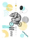 Bear With Balloons Rides Bicycle. Wearing Facial Mask. Hello. Spring Sarcasm Poster. T-shirt Print. Vintage Mascot Cute