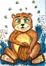 Bear with a barrel of honey. Bees. Bear clubfoot Royalty Free Stock Photo