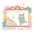 Bear and bird on birthday. Festive tent with gifts in the forest. Funny childish vector illustration in cartoon scandinavian style Royalty Free Stock Photo