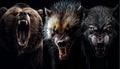 Bear, black panter and wolverine growling photography on black background