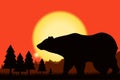 Bear black silhouette on background of the sunset and mountain landscape - rock, woods, forest. Vector.