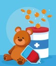 Bear, blood bag and donation tin with money coins, colorful design