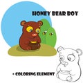 Bear boy with bees and honey on apiary illustration, can be used as logo of any honey factory or seller, sticker honey