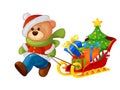 Bear bringing sleigh with Christmas tree and gifts