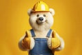 bear builder showing thumbs up, happy labor day isolated on solid blue background. ai generative