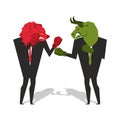 Bear and bull are boxing. Traders fight. Businessmen combat in b