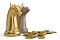 Bear and bull chess piece and gold coins on white background.3D Royalty Free Stock Photo