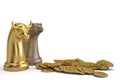 Bear and bull chess piece and gold coins on white background.3D Royalty Free Stock Photo