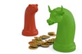 Bear and bull chess piece and gold coins on white background.3D Royalty Free Stock Photo