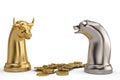 Bear and bull chess piece and gold coins on white background.3D Royalty Free Stock Photo