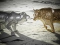 Bear and bull figures on economy newspaper pages. 3D illustration