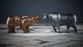 Bear and bull figures on economy newspaper pages. 3D illustration