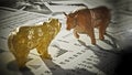 Bear and bull figures on economy newspaper pages. 3D illustration