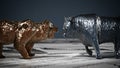 Bear and bull figures on economy newspaper pages. 3D illustration