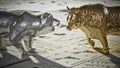 Bear and bull figures on economy newspaper pages. 3D illustration