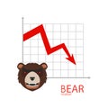 Bear business graph. Fall down red arrow. Bear schedule. Players on Exchange. Bulls and bears traders on a stock market. Vector.