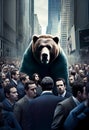 A bear in a business suit in a crowd on a crowded street. AI generated
