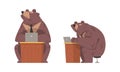 Bear Businessman Character in Tie Sitting at Desk with Laptop Vector Set