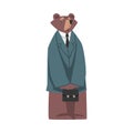 Bear Businessman Standing with Briefcase, Humanized Brown Animal Character in Business Suit Cartoon Vector Illustration