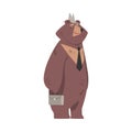 Bear Businessman Standing with Briefcase, Humanized Brown Animal Character Wearing Tie and Hat Cartoon Vector