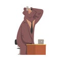 Bear Businessman Working at Desk on Office, Humanized Brown Animal Character in Business Suit and Hat Cartoon Vector