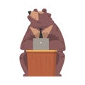 Bear Businessman Working on Laptop Computer, Humanized Animal Character in Tie Sitting at Desk Cartoon Vector