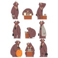 Bear Businessman Working in Office Set, Humanized Brown Animal Characters in Action Cartoon Vector Illustration