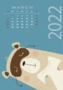 Bear calendar. March 2022. A cute bear sleeps with a pillow in its paws and a sleep mask. Vector illustration. Vertical template.