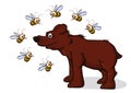 The bear came for honey. Bees fly around with displeasure.