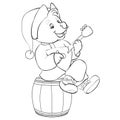 Bear in a cap plays a balayka and sits on a barrel drawn in outline, isolated object on a white background, vector