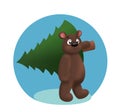 bear carries a Christmas tree. New Years is soon