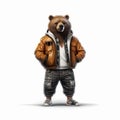 Hyper-realistic Urban Bear In A Brown Jacket With Hip-hop Flair