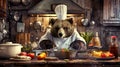 A bear in chef attire cooking in a rustic kitchen a portrait of culinary passion