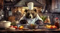A bear in chef attire cooking in a rustic kitchen a portrait of culinary passion Royalty Free Stock Photo