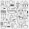 Bear Chef Is Cooking Say `i Love Cooking`. Line Hand Drawn Doodle Vector Cooking Set Include Cooking Equipment & Raw Materials.