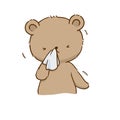 The bear chills and has a cold. He holds a handkerchief, wipes his runny nose.