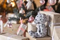 Soft toys among the boxes of gifts under the Christmas tree 9328. Royalty Free Stock Photo