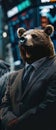 A bear in a conservative suit presenting risk management solutions contrasting a bulls optimistic market forecast Royalty Free Stock Photo